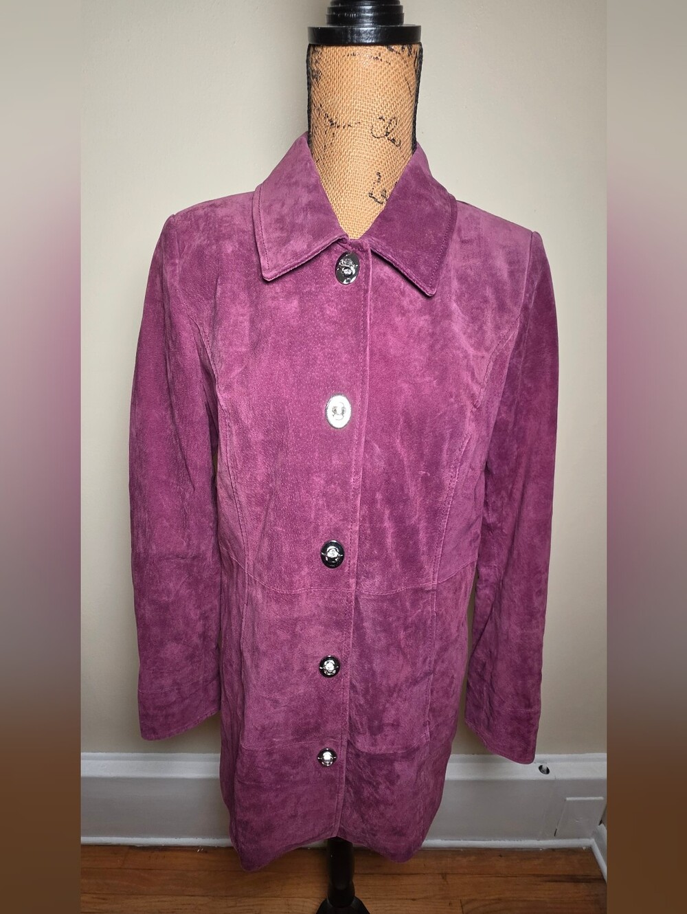 dennis basso Plum Suede Button-Front Trench Coat